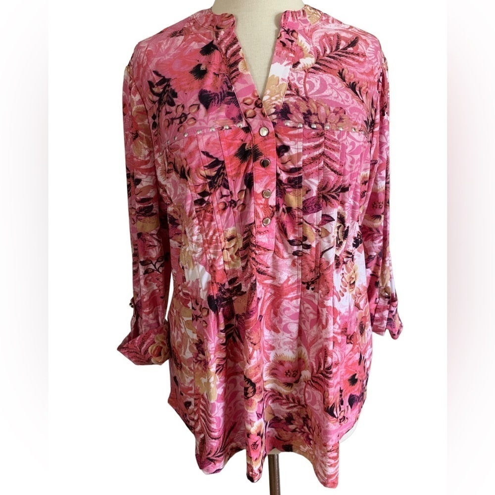 COCOMO 1X Pink Floral Plus Size 3/4 sleeve women’s Pintuck Blouse top sh…
